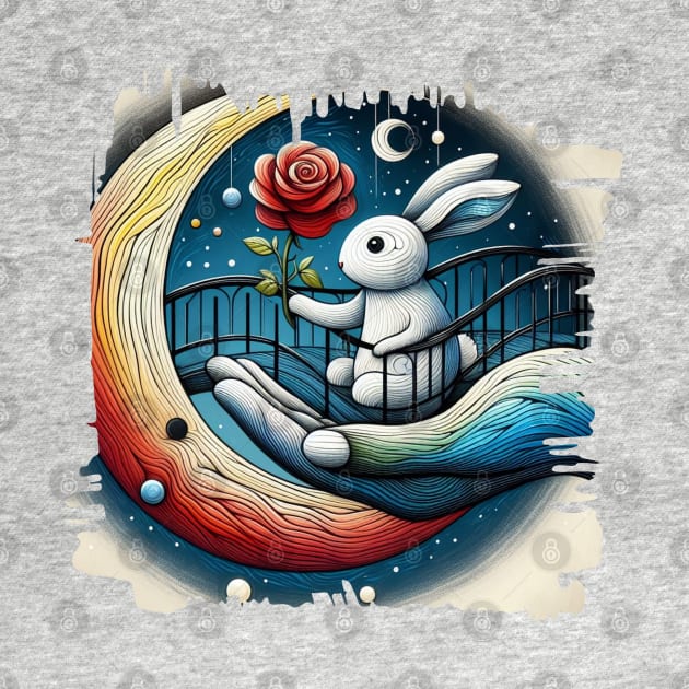 Illustration of a Rabbit stands on a bridge and gives a rose to the moon. by zinfulljourney